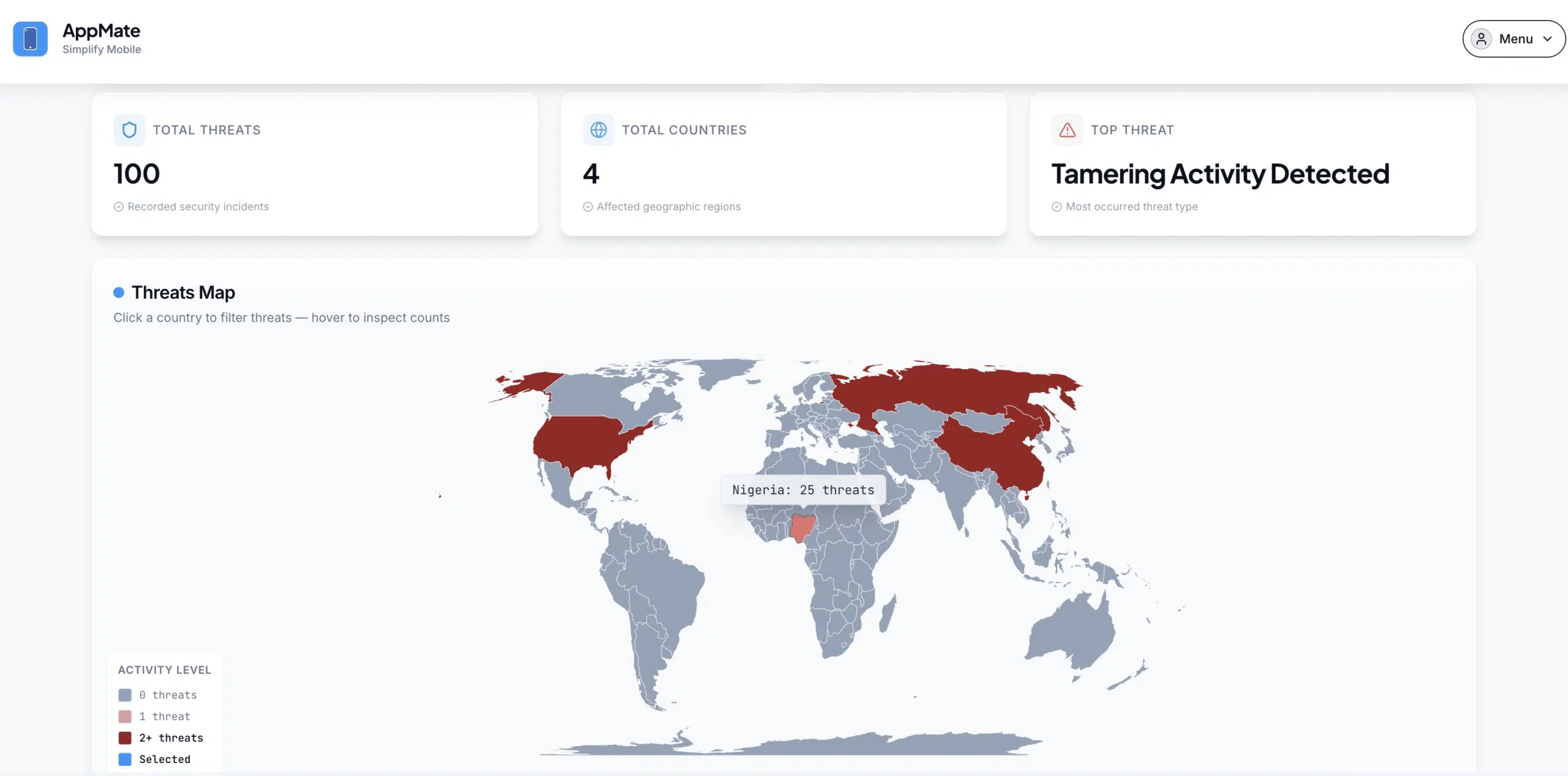 AppMate mobile app security threat details dashboard